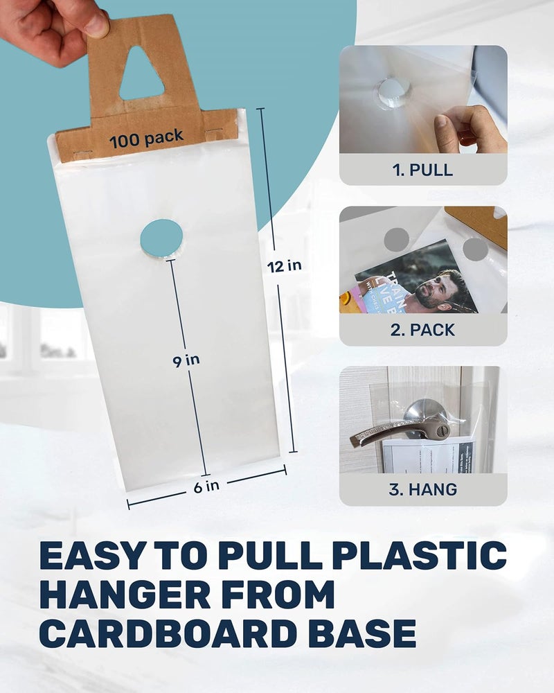 Skywin TidyFriend Door Hanger Bags 6” x 12” (200 Pack), Clear Door Hanger Bags Protects Flyers, Brochures, Notices, Printed Materials - Waterproof and Secure Door Knob Hanger Bag for Outdoor Use - Image 2