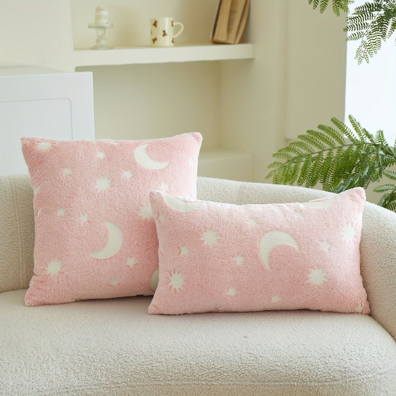 Pink Flannel Pillow Cover 17.72x17.72 Inch Luminous Star And Moon Pattern Decorative Cushion Cover For Living Room Sofa Bedside - Image 5