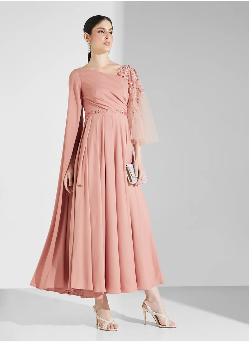 Fashion Trends by Suzy Matar Pleated Maxi Dress with Long Sleeves