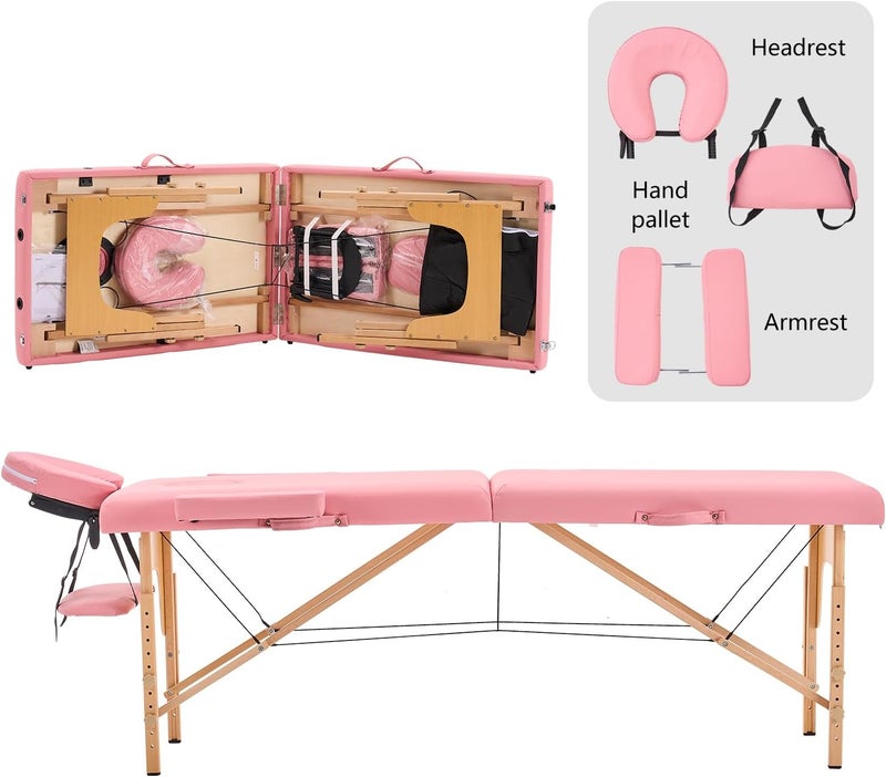 طاولة تدليك من يونيكي ( Massage Table)، محمولة وخفيفة الوزن، قابلة للطي والتعديل، مخصصة لعمليات وشوم الوجه، م��اسبة للسبا والعلاج الطبيعي، ويمكن استخدامها في صالونات التجميل المنزلية، بإطار خشبي باللون الوردي ومع ملحقات. - Image 1