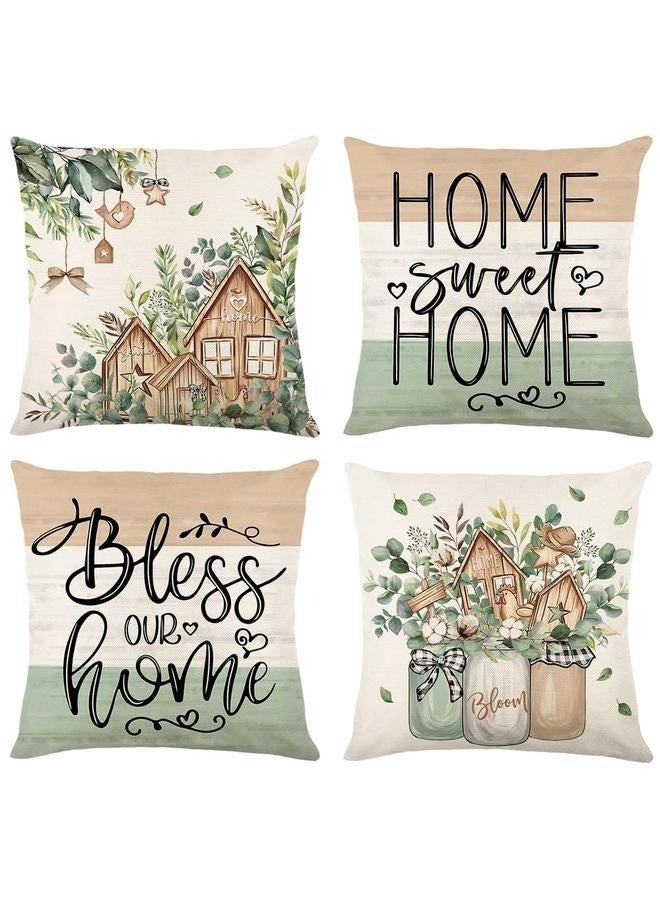 Generic Farmhouse Spring Throw Pillows 18x18 Pillow Cover Set of 4, Colorful Plaid Bless Our Sweet Home Cottage Springtime Seasonal Decorations - Image 1