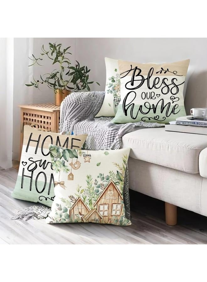 Generic Farmhouse Spring Throw Pillows 18x18 Pillow Cover Set of 4, Colorful Plaid Bless Our Sweet Home Cottage Springtime Seasonal Decorations - Image 5