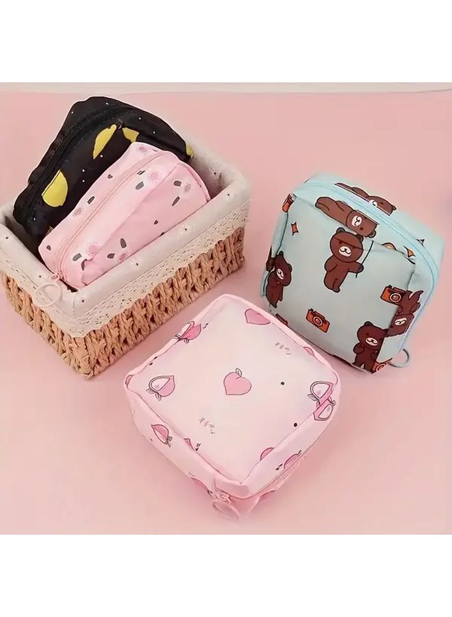Cute Cartoon Sanitary Pad Organizer Bag Blue Bear Model Large Capacity Portable Travel Pouch Floral And Animal Print Designs Durable Fabric Cosmetic Storage For Women And Men Compact Stylish For Daily Use Or Trips - Image 2