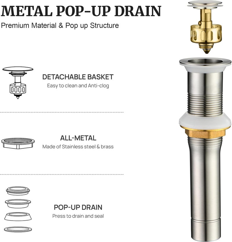 Ultimate Unicorn Pop up Sink Drain Stopper for Bathroom Vessel Vanity Sink Art Basin Brushed Nickel, Small Cap Without Overflow, Metal Pop-up Drain Strainer with Detachable Basket Stopper - Image 2
