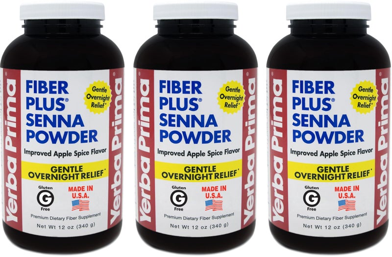 Yerba Prima Fiber Plus Senna Powder 12 Ounce Pack of 3 for ShortTerm Use to Restore Regularity Improved Apple Spice Flavor Stevia Sweetened Provides Gentle Overnight Relief NonGMO