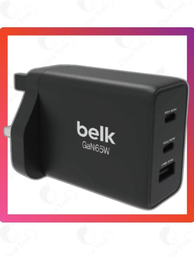 بيلك - شاحن حائط فائق السرعة 65 وات مزود بثلاثة منافذ PD (2 × 65 وات + 1 × 30 وات USB) | محول شحن سريع مع IC ذكي | حماية من الجهد الزائد والتيار الزائد والدائرة القصيرة ودرجة الحرارة والتسرب الكهربائي - Image 1