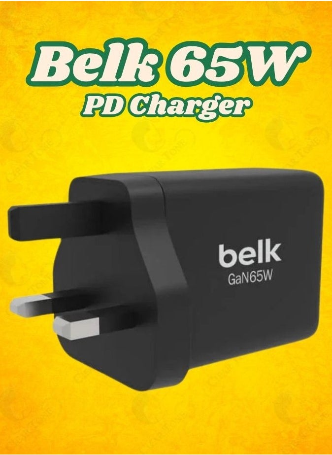 بيلك - شاحن حائط فائق السرعة 65 وات مزود بثلاثة منافذ PD (2 × 65 وات + 1 × 30 وات USB) | محول شحن سريع مع IC ذكي | حماية من الجهد الزائد والتيار الزائد والدائرة القصيرة ودرجة الحرارة والتسرب الكهربائي - Image 1