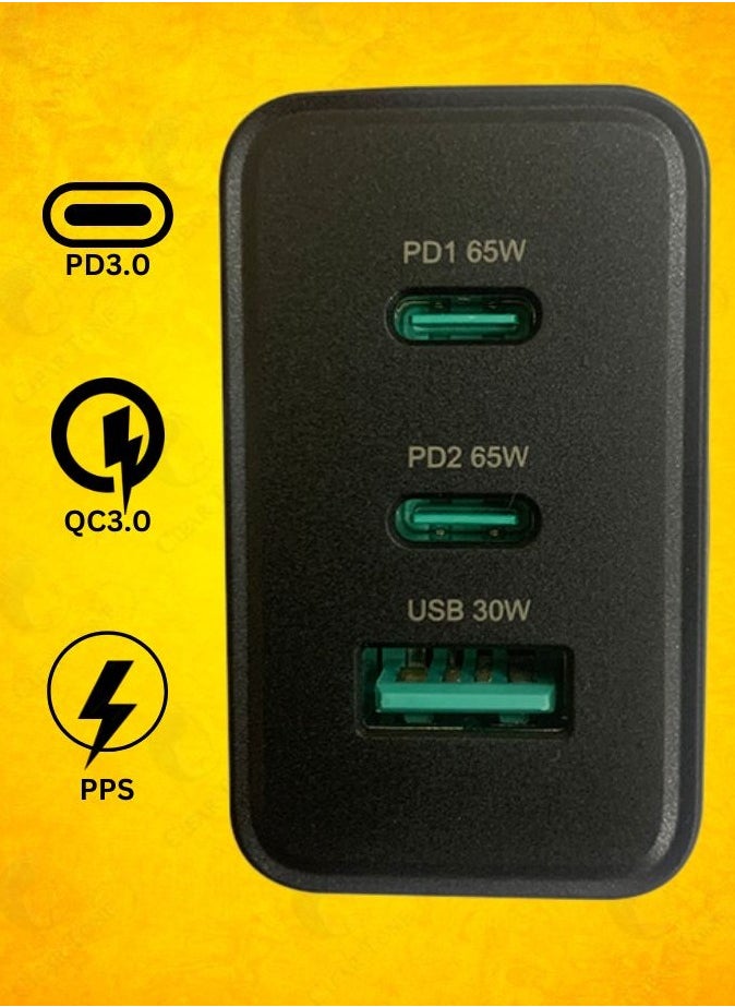 بيلك - شاحن حائط فائق السرعة 65 وات مزود بثلاثة منافذ PD (2 × 65 وات + 1 × 30 وات USB) | محول شحن سريع مع IC ذكي | حماية من الجهد الزائد والتيار الزائد والدائرة القصيرة ودرجة الحرارة والتسرب الكهربائي - Image 1