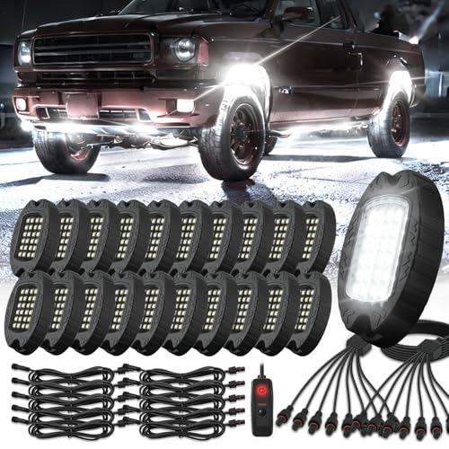 TDE Explorer.Lighting 20 Pods Alloy Pure White LED Rock Lights with Extension Wires, IP68 Waterproof Shockproof 24LEDs 6500K Super Bright White Neon Underglow Kit for Semi Trucks Trailer Offroad Pickup Boats Sedans RV - Image 1