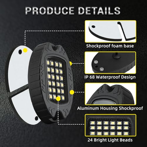 TDE Explorer.Lighting 20 Pods Alloy Pure White LED Rock Lights with Extension Wires, IP68 Waterproof Shockproof 24LEDs 6500K Super Bright White Neon Underglow Kit for Semi Trucks Trailer Offroad Pickup Boats Sedans RV - Image 5