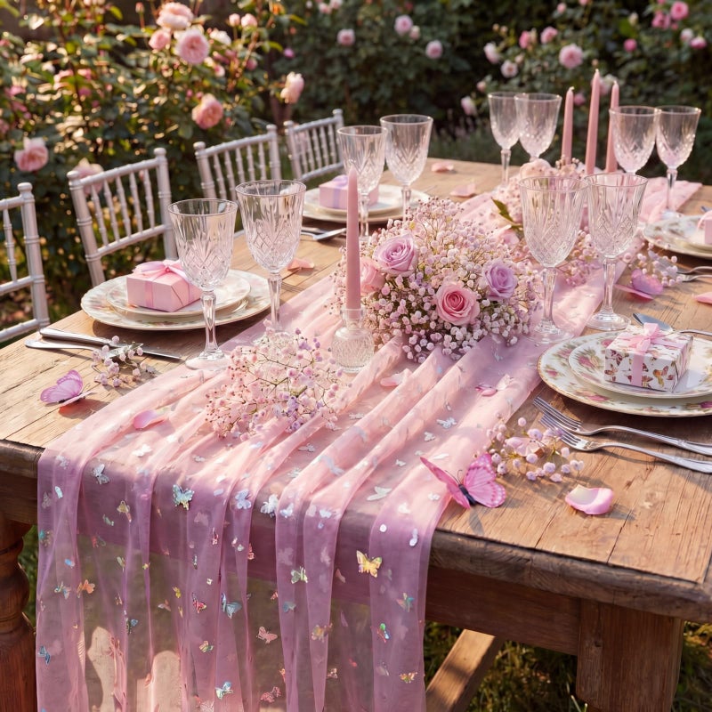 Hahafelt 4 Pack Elegant Pink Gauze Butterfly Table Runner with 3D Butterfly 275 x 115 Inches Tulle Table Runner for Weddings Bridal Showers Gender Reveals Dining Room and Birthday Parties - Image 2