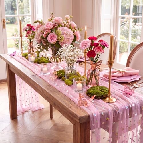 Hahafelt 4 Pack Elegant Pink Gauze Butterfly Table Runner with 3D Butterfly 275 x 115 Inches Tulle Table Runner for Weddings Bridal Showers Gender Reveals Dining Room and Birthday Parties - Image 3