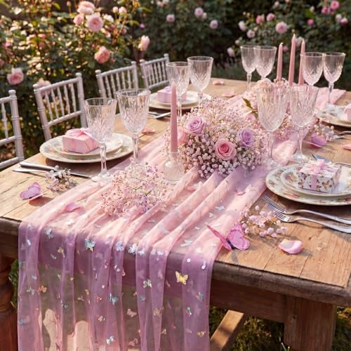 Hahafelt 4 Pack Elegant Pink Gauze Butterfly Table Runner with 3D Butterfly 275 x 115 Inches Tulle Table Runner for Weddings Bridal Showers Gender Reveals Dining Room and Birthday Parties - Image 1