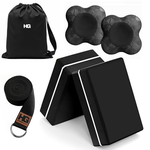 HOMEGALLEY Yoga Blocks Pack of 2 with Belt and 2 Knee Pad for Exercise, Yoga, Pilates & Gym Block Pair to Improve Strength, Balance, Stretching Yoga Bricks Set with Strap for Women and Men, Black - Image 1