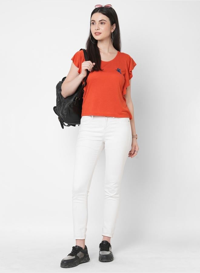 Mish Women Orange Embellished Bird Detail Ruffled Sleeves T-Shirt - Image 3