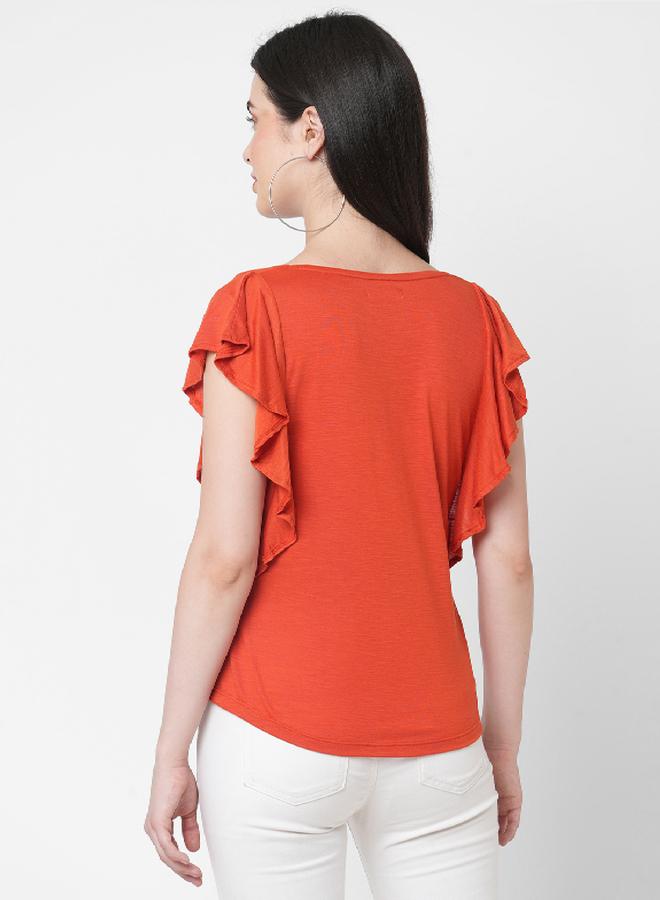 Mish Women Orange Embellished Bird Detail Ruffled Sleeves T-Shirt - Image 5