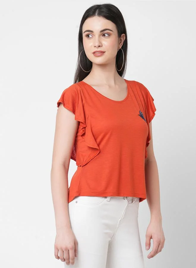 Mish Mish Women Orange Embellished Bird Detail Ruffled Sleeves T-Shirt