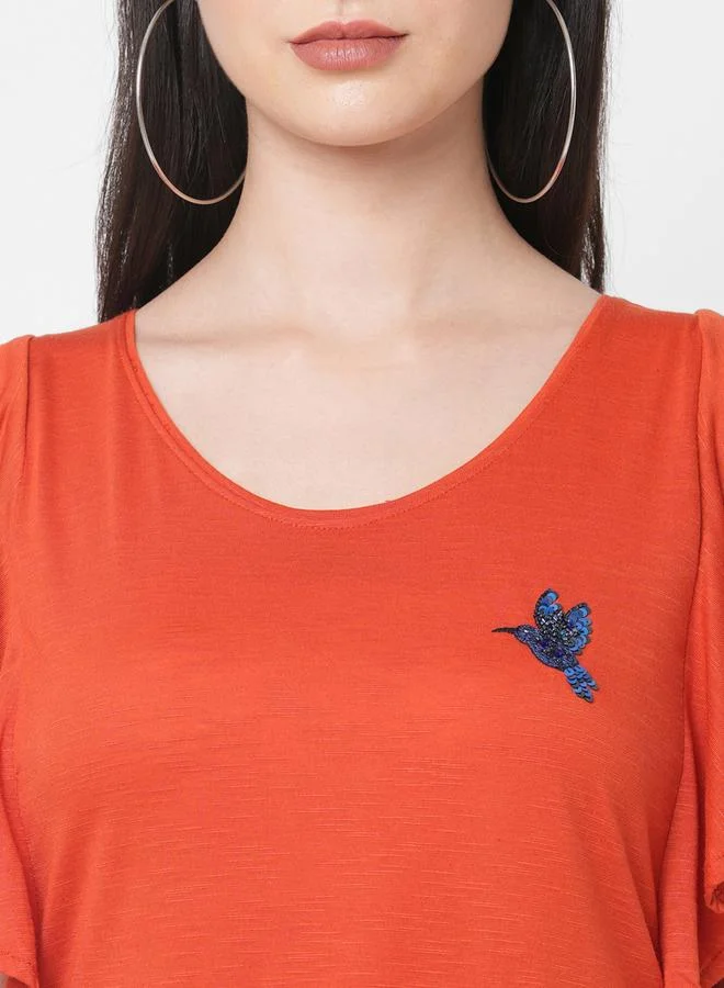 Mish Mish Women Orange Embellished Bird Detail Ruffled Sleeves T-Shirt