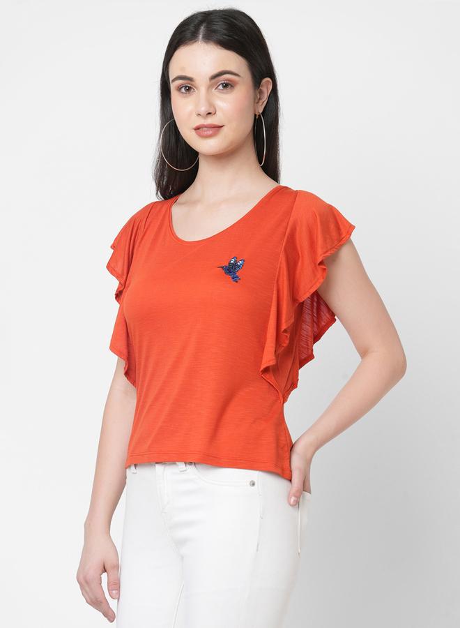 Mish Women Orange Embellished Bird Detail Ruffled Sleeves T-Shirt - Image 4
