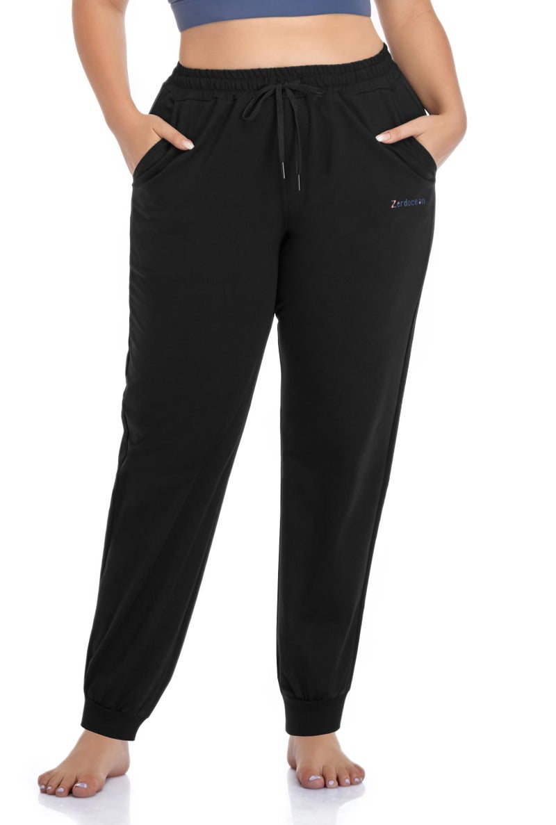 ZERDOCEAN Women's Plus Size Joggers Pants Active Sweatpants Tapered Workout Lounge Pants Pockets Black 2X - Image 1