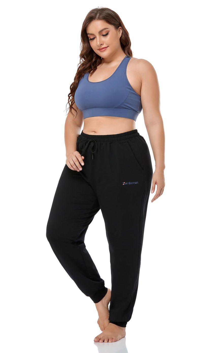 ZERDOCEAN Women's Plus Size Joggers Pants Active Sweatpants Tapered Workout Lounge Pants Pockets Black 2X - Image 5