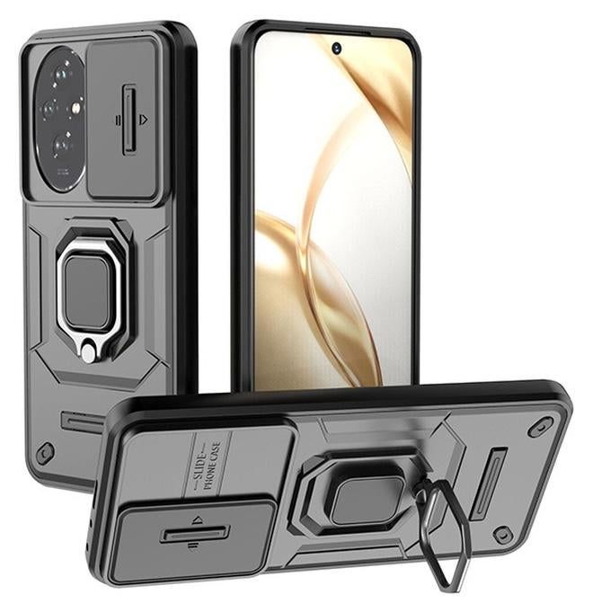 Honor 200 5G Case, Shockproof Cases, Anti-Fall Drop Protection, Built-in Slide Anti-Scratch Camera Lens Cover, Integrated 360 Degree Rotating Ring Kickstand, Black - Image 1