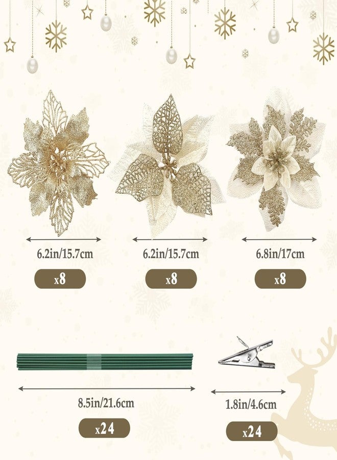 Alupssuc 24 PCS 3 Styles 6'' Poinsettia Christmas Flowers Artificial, Glitter Artificial Flower, Christmas Decorations for Xmas Tree Party Wreath Fireplace, New Year Ornaments, Champagne Gold - Image 2