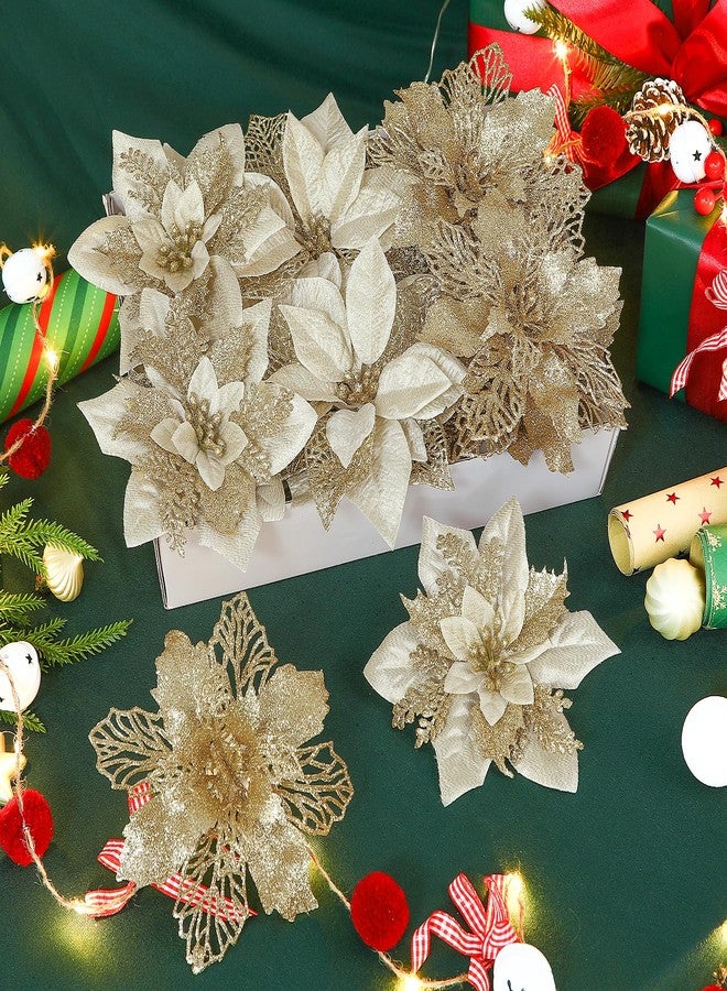 Alupssuc 24 PCS 3 Styles 6'' Poinsettia Christmas Flowers Artificial, Glitter Artificial Flower, Christmas Decorations for Xmas Tree Party Wreath Fireplace, New Year Ornaments, Champagne Gold - Image 1