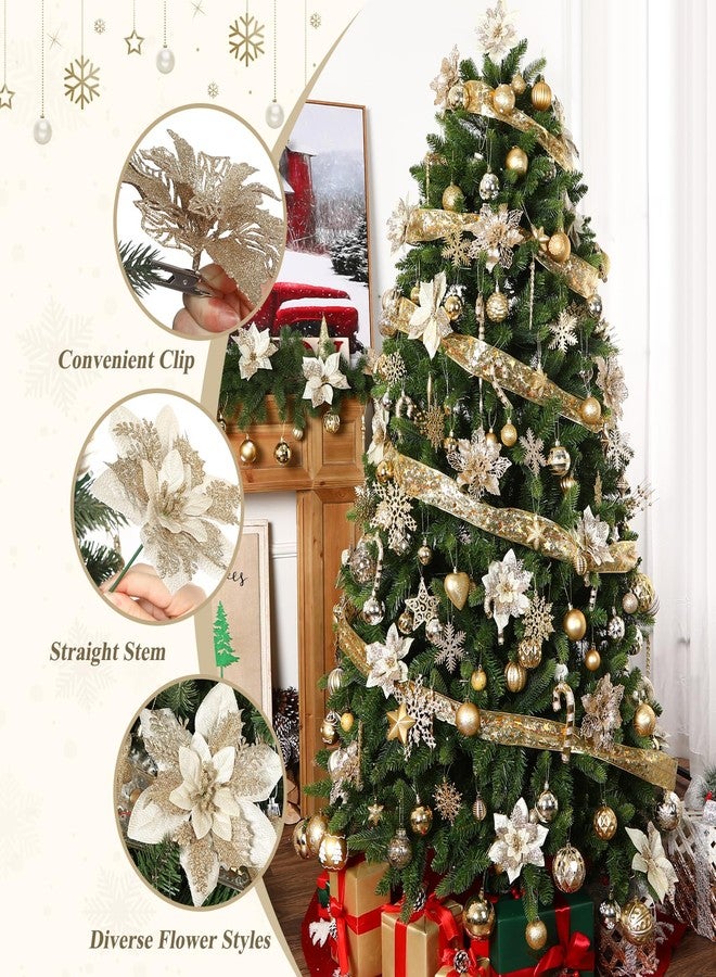 Alupssuc 24 PCS 3 Styles 6'' Poinsettia Christmas Flowers Artificial, Glitter Artificial Flower, Christmas Decorations for Xmas Tree Party Wreath Fireplace, New Year Ornaments, Champagne Gold - Image 3