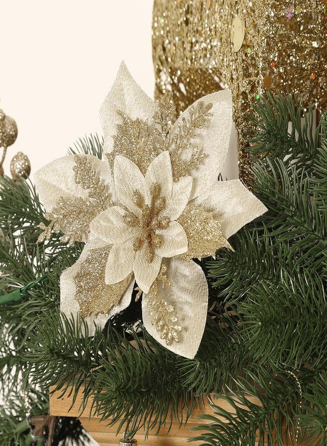 Alupssuc 24 PCS 3 Styles 6'' Poinsettia Christmas Flowers Artificial, Glitter Artificial Flower, Christmas Decorations for Xmas Tree Party Wreath Fireplace, New Year Ornaments, Champagne Gold - Image 5