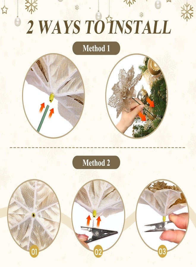 Alupssuc 24 PCS 3 Styles 6'' Poinsettia Christmas Flowers Artificial, Glitter Artificial Flower, Christmas Decorations for Xmas Tree Party Wreath Fireplace, New Year Ornaments, Champagne Gold - Image 4