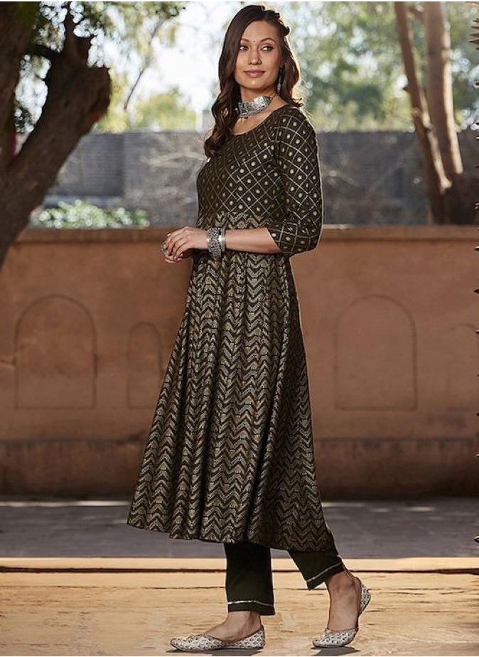 SASSAFRAS - shae by sassafras Women Olive Chevron Foil Anarkali Kurta With Pants - Image 1
