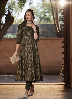 shae by sassafras Women Olive Chevron Foil Anarkali Kurta With Pants