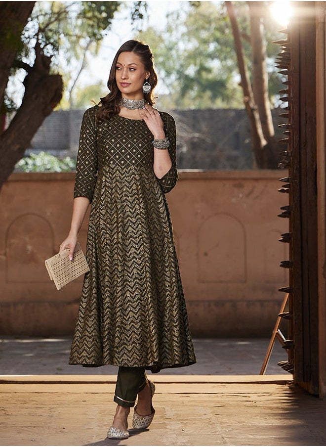 SASSAFRAS - shae by sassafras Women Olive Chevron Foil Anarkali Kurta With Pants - Image 1