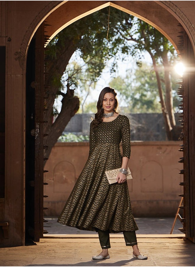SASSAFRAS - shae by sassafras Women Olive Chevron Foil Anarkali Kurta With Pants - Image 1