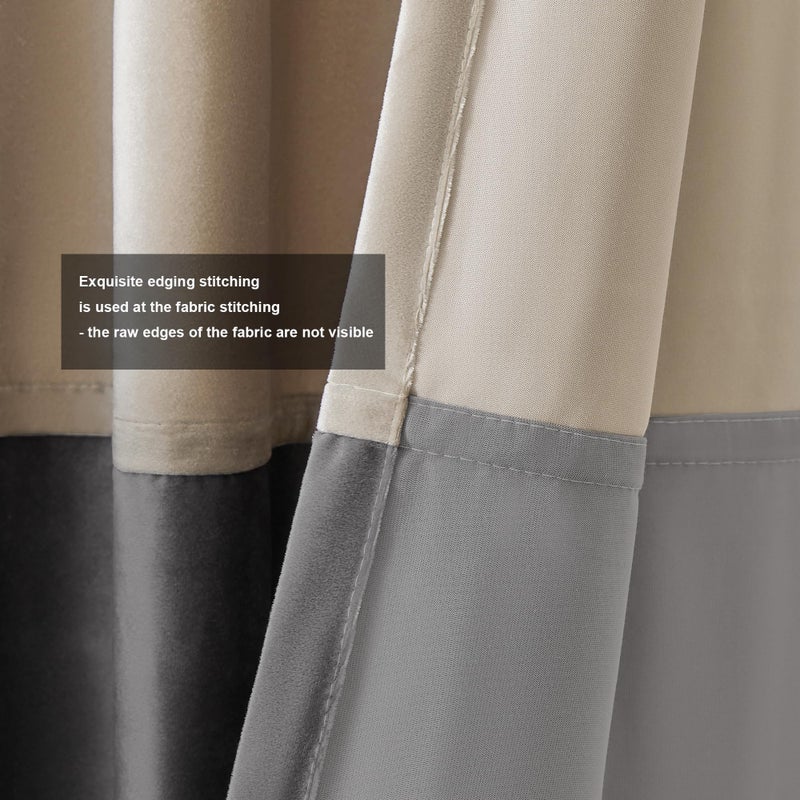 BULBUL Champagne Grey Color Block Window Curtains Panels 90 inches Long Velvet Farmhouse Drapes for Bedroom Living Room Darkening Treatment with Grommet Set of 2 - Image 3