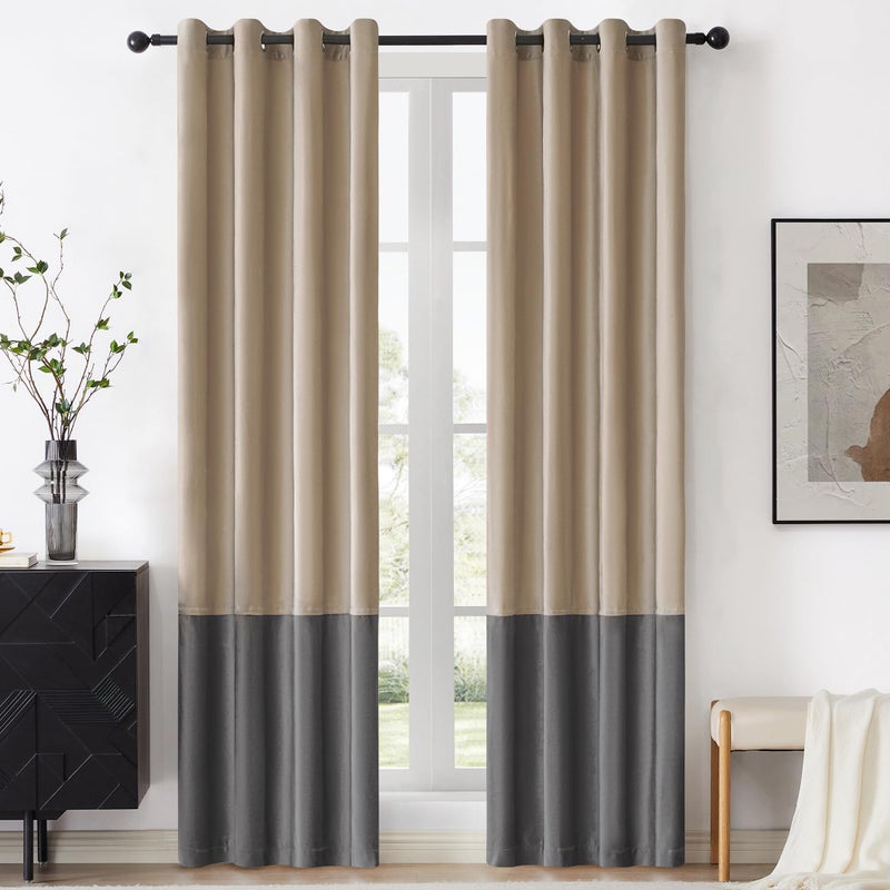 BULBUL Champagne Grey Color Block Window Curtains Panels 90 inches Long Velvet Farmhouse Drapes for Bedroom Living Room Darkening Treatment with Grommet Set of 2 - Image 1