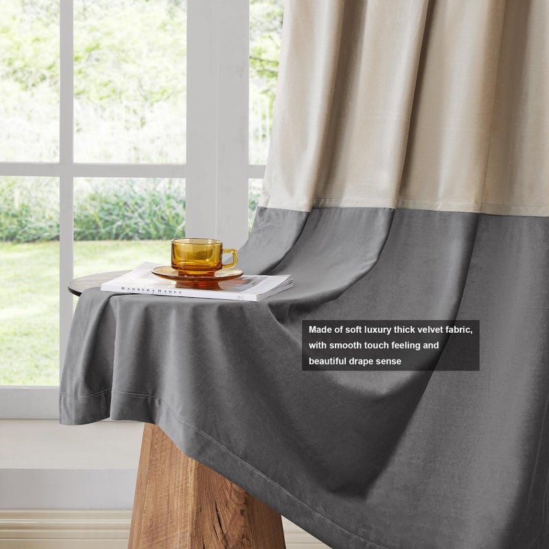 BULBUL Champagne Grey Color Block Window Curtains Panels 90 inches Long Velvet Farmhouse Drapes for Bedroom Living Room Darkening Treatment with Grommet Set of 2 - Image 5