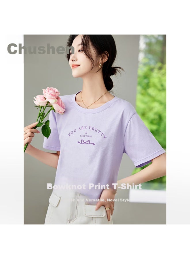 First Application Chushen Summer Short Sleeve T-shirt Women Fashion Round Neck Elegant Bow Letter Print Cotton Top S143t1710 - Image 2