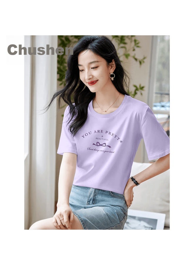 First Application Chushen Summer Short Sleeve T-shirt Women Fashion Round Neck Elegant Bow Letter Print Cotton Top S143t1710 - Image 1