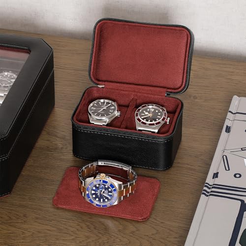 ROTHWELL 2 Watch Travel Case for Men | Compact PU Leather Protective Box with Microsuede Interior | Fits Watches & Smartwatches Up to 55mm (Black/Red) - Image 2