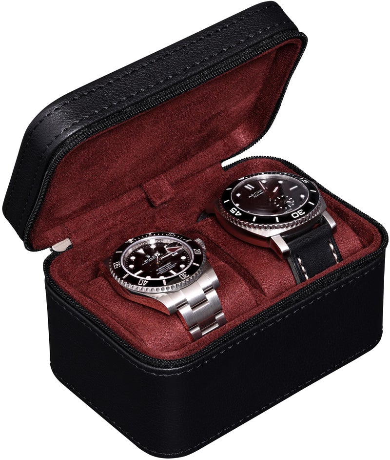 ROTHWELL 2 Watch Travel Case for Men | Compact PU Leather Protective Box with Microsuede Interior | Fits Watches & Smartwatches Up to 55mm (Black/Red) - Image 3