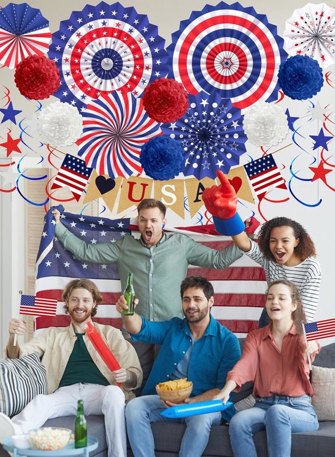 Lutoys 4th of July Patriotic Decorations LOVE USA Banner Red White Blue Paper Fans Star Streamer - Image 2