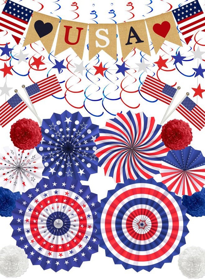 Lutoys 4th of July Patriotic Decorations LOVE USA Banner Red White Blue Paper Fans Star Streamer - Image 1
