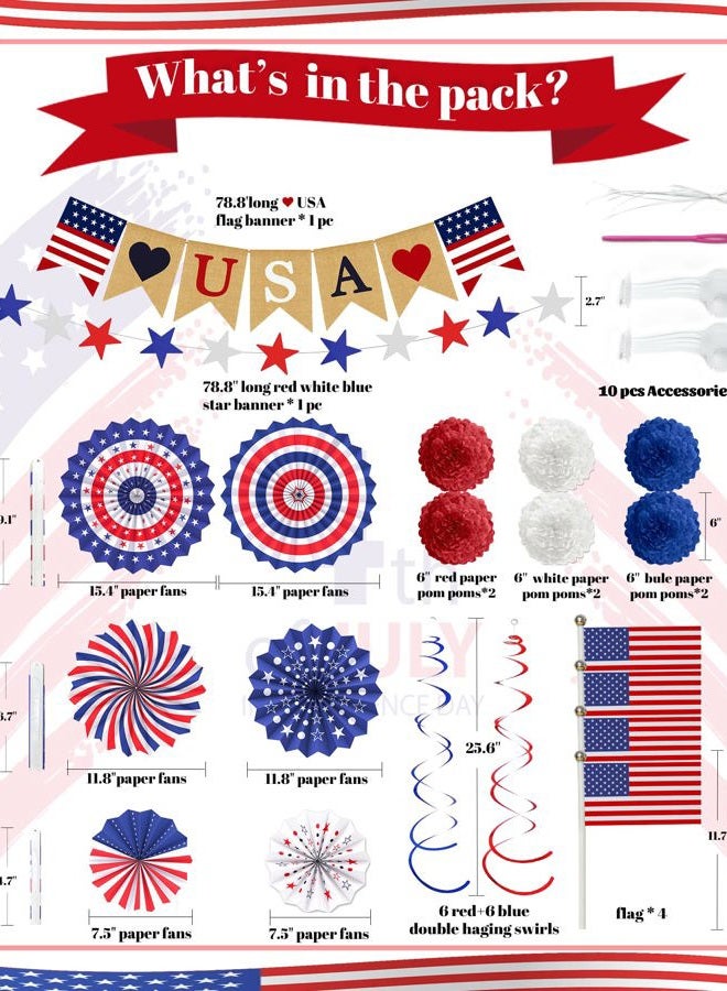 Lutoys 4th of July Patriotic Decorations LOVE USA Banner Red White Blue Paper Fans Star Streamer - Image 4