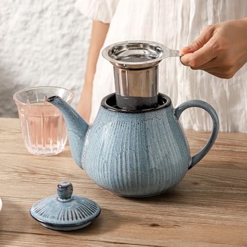 HVH 40 oz Porcelain Teapot with Stainless Steel Infuser, Ceramic Tea pot with Infuser for Loose Tea, Enough For 6 Cups, Striped Series (Wabi sabi) - Image 5