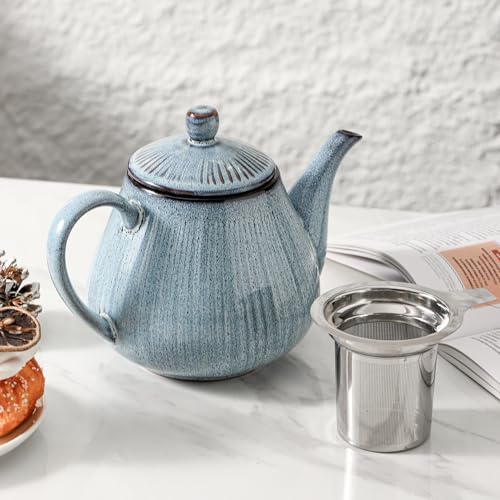 HVH 40 oz Porcelain Teapot with Stainless Steel Infuser, Ceramic Tea pot with Infuser for Loose Tea, Enough For 6 Cups, Striped Series (Wabi sabi) - Image 2