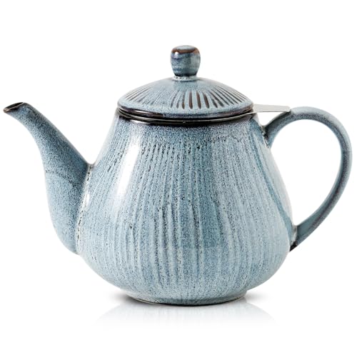 HVH 40 oz Porcelain Teapot with Stainless Steel Infuser, Ceramic Tea pot with Infuser for Loose Tea, Enough For 6 Cups, Striped Series (Wabi sabi) - Image 1