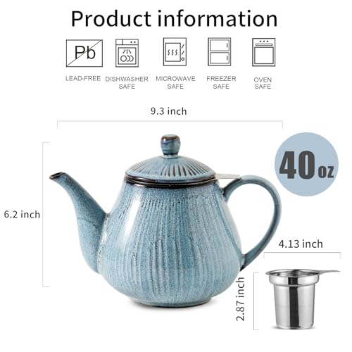 HVH 40 oz Porcelain Teapot with Stainless Steel Infuser, Ceramic Tea pot with Infuser for Loose Tea, Enough For 6 Cups, Striped Series (Wabi sabi) - Image 4