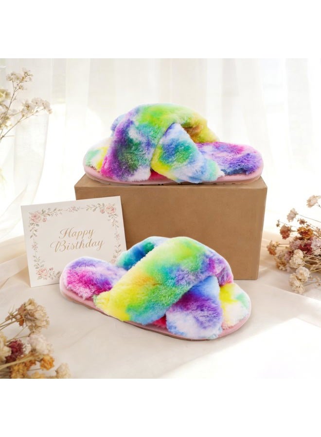 Crazy Lady Women's Fuzzy Fluffy House Slippers Cute Plush Memory Foam Shoes Cross Band Indoor Outdoor Open Toe Sandals(06/Rainbow, 8.5-9.5) - Image 3